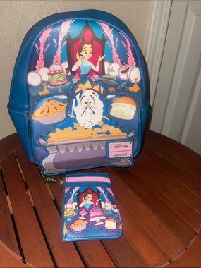 Loungefly Blue Belle 'Be Our Guest' Mini Backpack with Cardholder